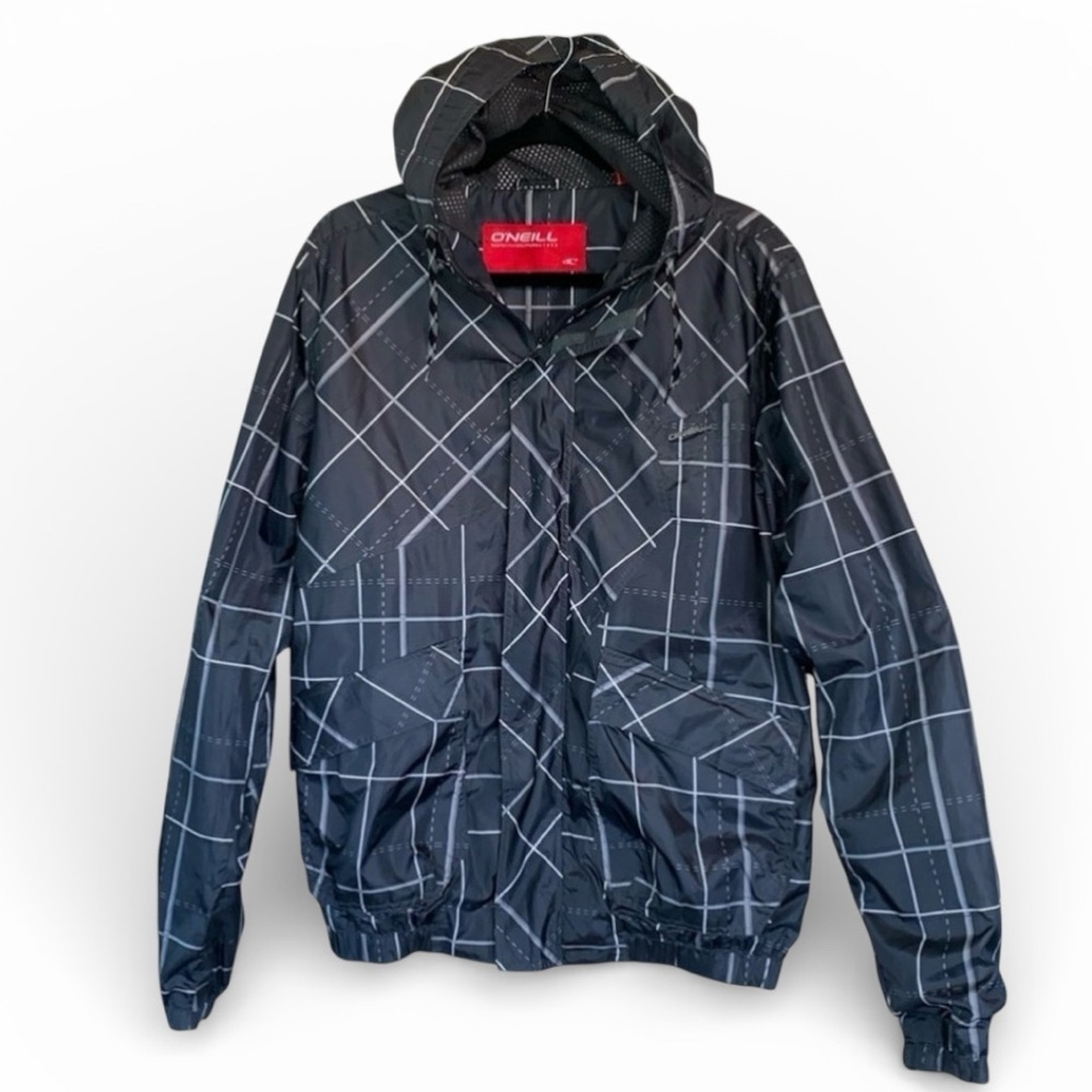 O’NEILL hoodie windbreaker, grey white plaid, front zip, Velcro cuff pockets XL